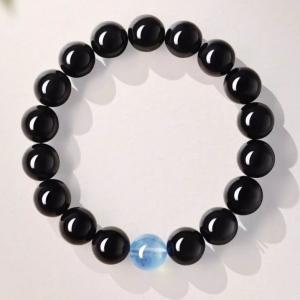 Natural Obsidian Bead Bracelet with Aquamarine Amulet for Women Crystal Bracelet