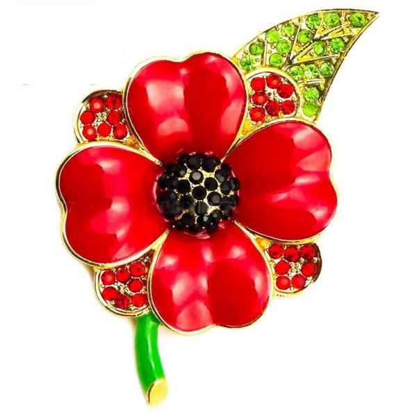 British Remembrance Poppy Brooch: Red Enamel Poppy with Rhinestone Accents