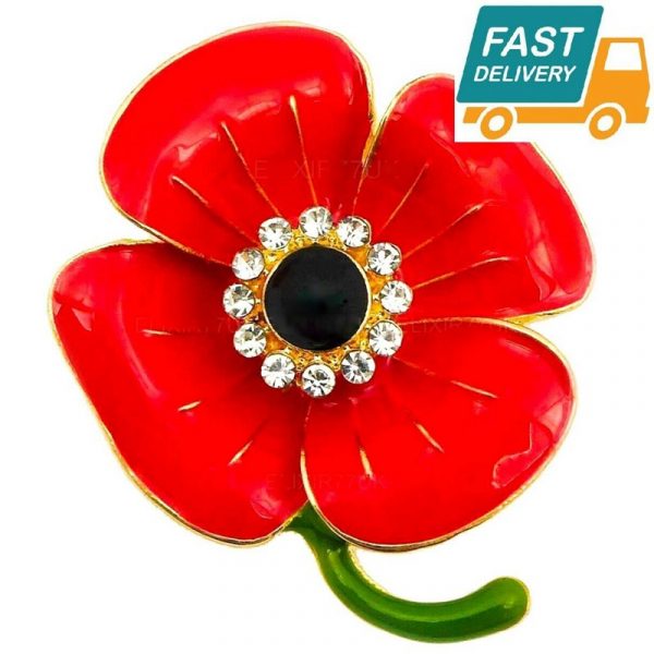 British Remembrance Poppy Pin: Red Enamel Four-Petal Poppy Brooch