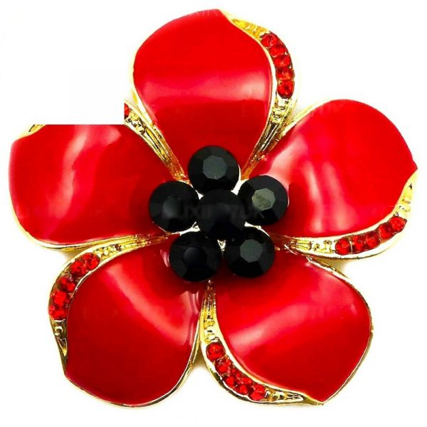 British Remembrance Poppy Brooch: WWI Commemorative Red Enamel Poppy Pin with Epaulette Clip